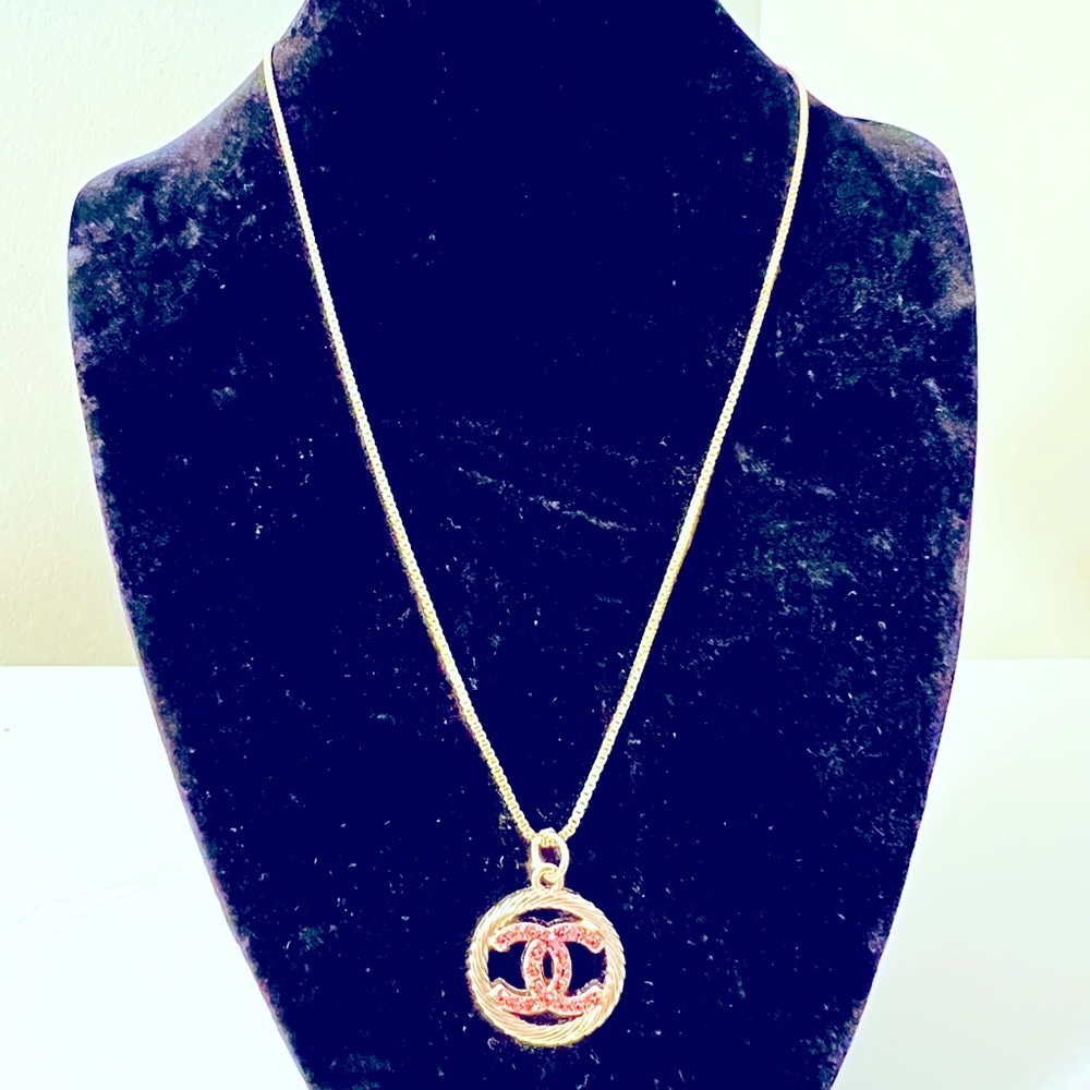 Gold and Pink Crystal CHANEL CC Charm and Necklace